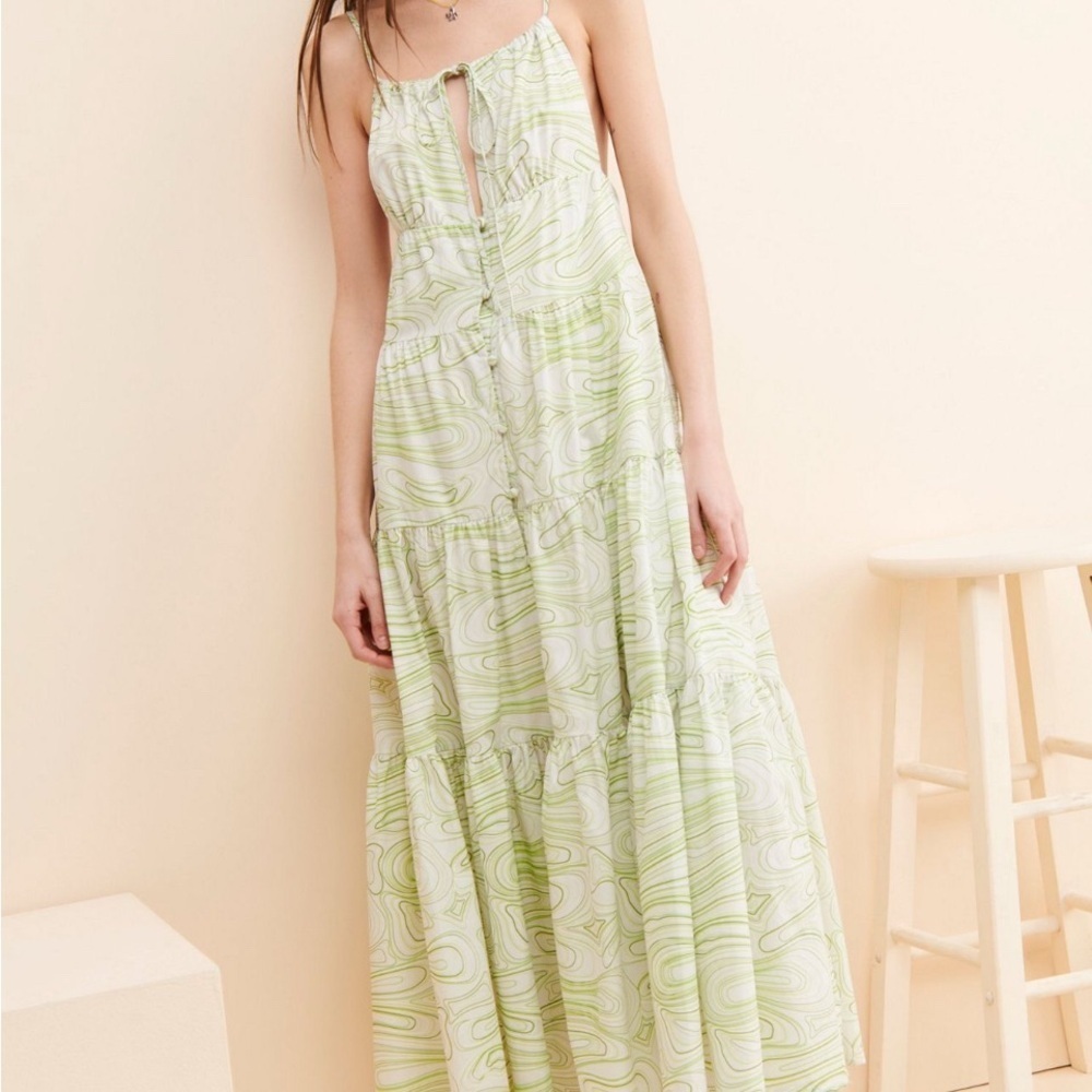Charlie Holiday Green and White Ruffled Tiered Maxi Dress